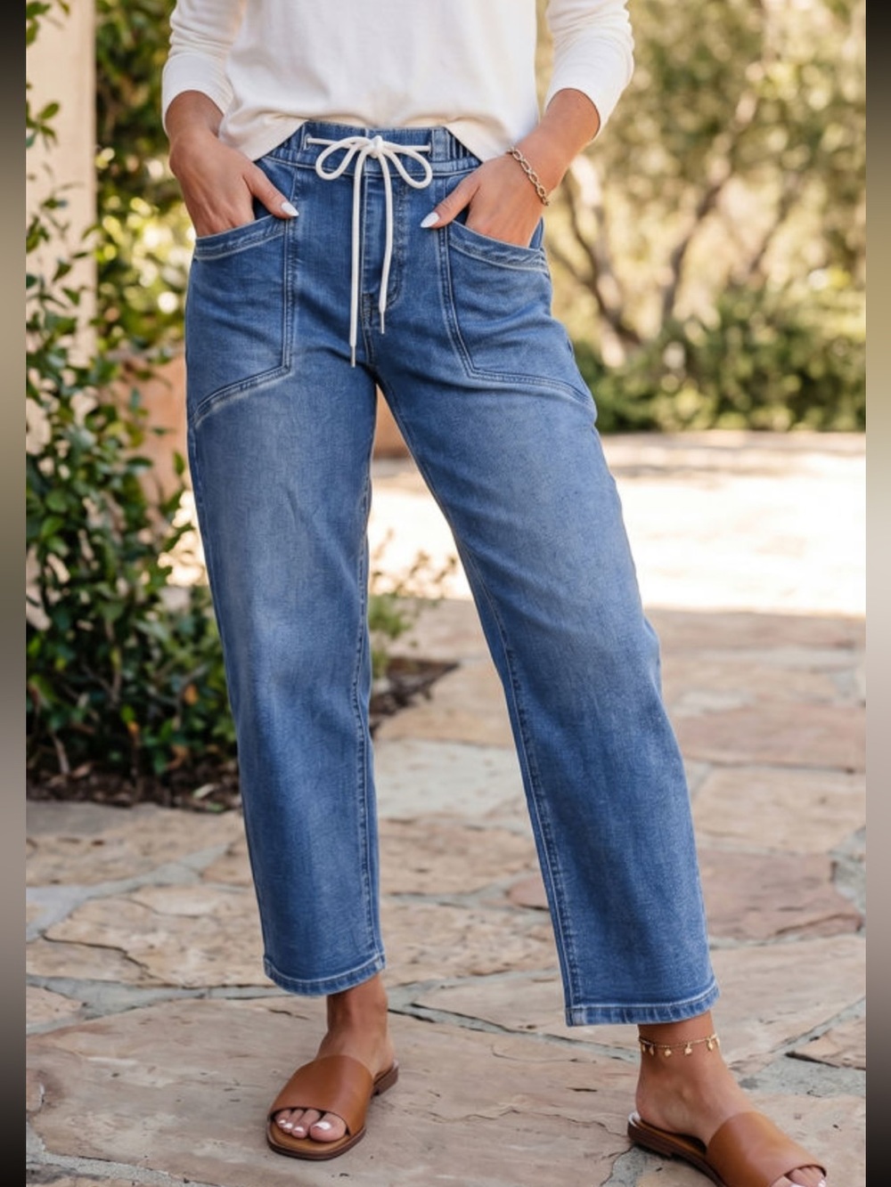 1268. Drawstring waist ankle length high rise denim